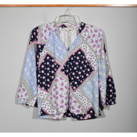 LOFT Linen Blend Navy Magenta Print V Neck Boho Peasant Blouse Top Sz M - Picture 2 of 4